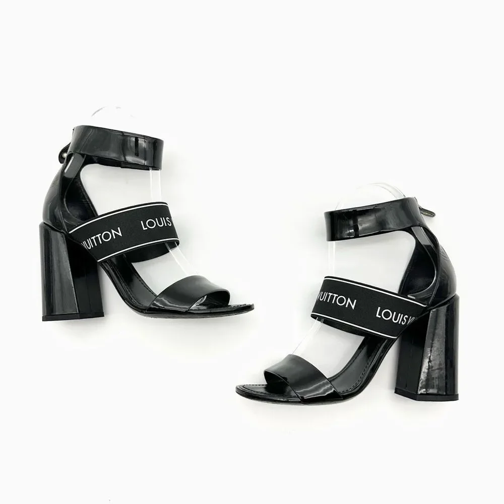 LOUIS VUITTON Trail Black Patent Leather Logo Sandal Size 37 Block Heel